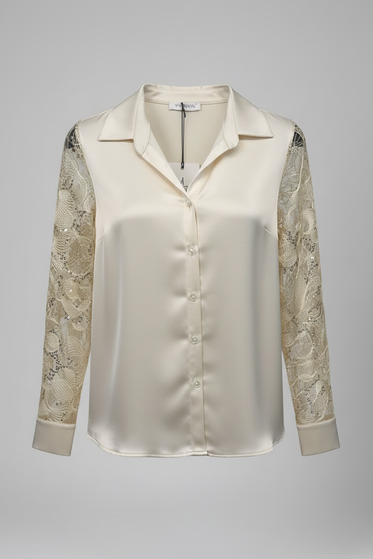 Camicia in Satin di raso con Maniche in Pizzo Rebrodé PER26103 CREMA MARICLA 
