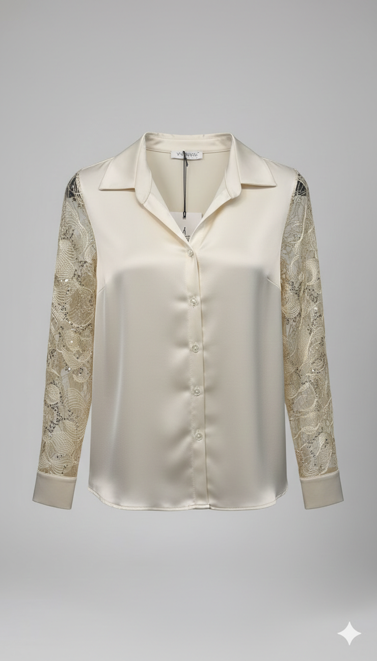 Camicia in Satin di raso con Maniche in Pizzo Rebrodé PER26103 CREMA MARICLA 