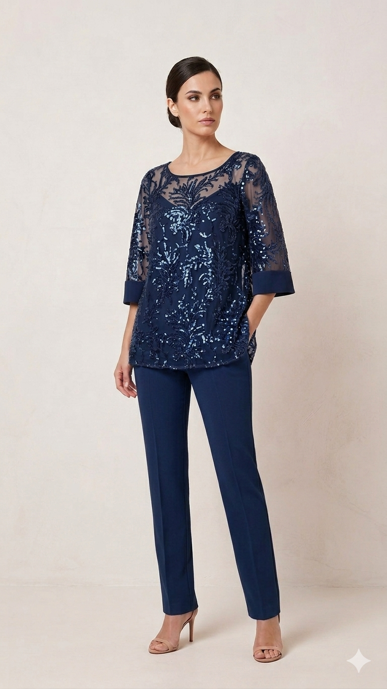 completo 3 pezzi Casacca ricamata- Canotta - Pantalone SH602TP BLU SHARON 