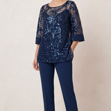 completo 3 pezzi Casacca ricamata- Canotta - Pantalone SH602TP BLU SHARON 