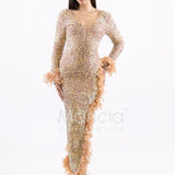 abito manica lunga piume e paiette SS23126 ORO MARICLA ELEGANCE 