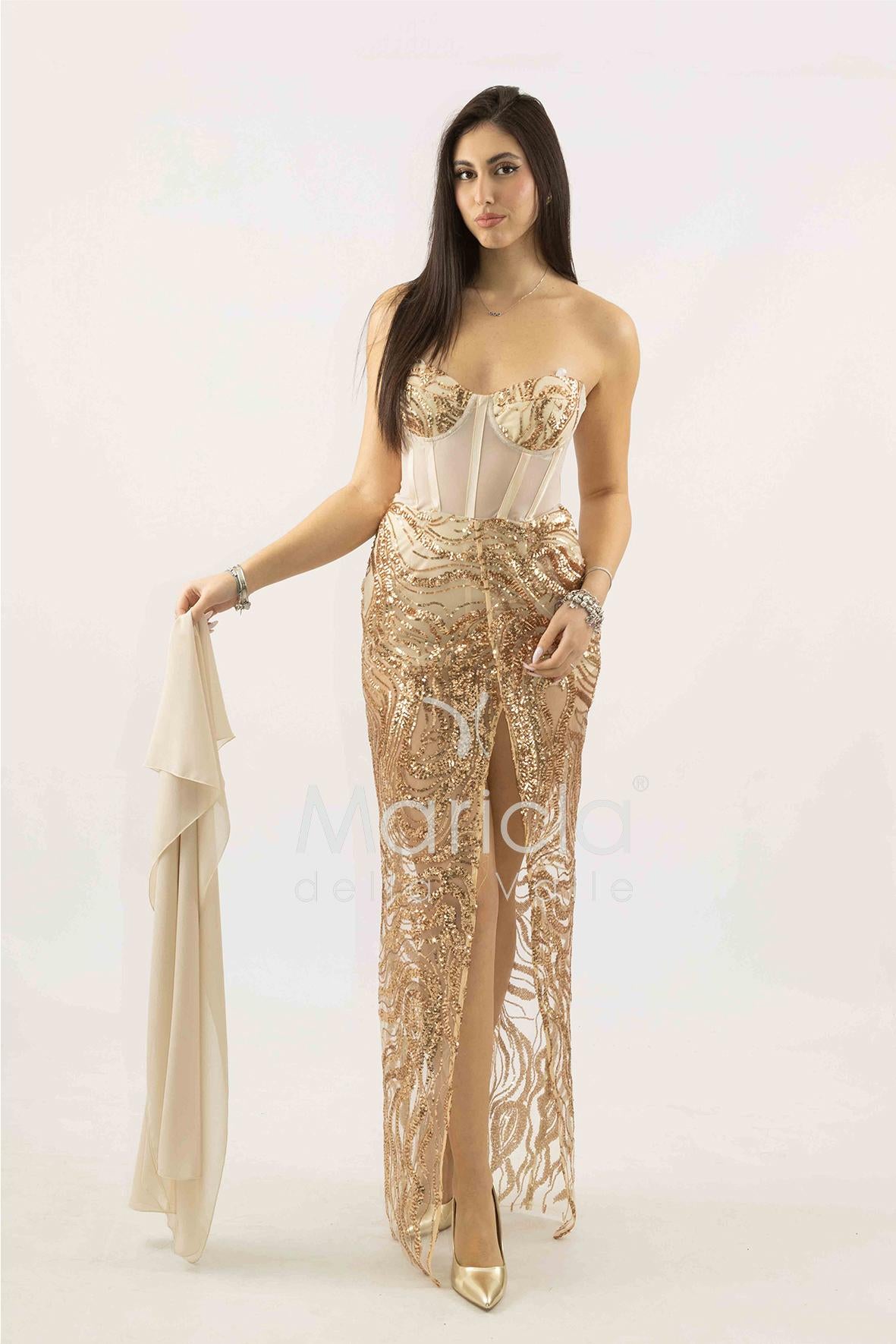 abito paiette con trasparenza e culotte SH848AL ORO SHARON 