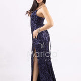 Abito lungo a sirena con paillettes e strascico PF8065F BLU MARICLA ELEGANCE 