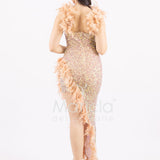 abito lungo spacco e piume SS23100 ORO MARICLA ELEGANCE 