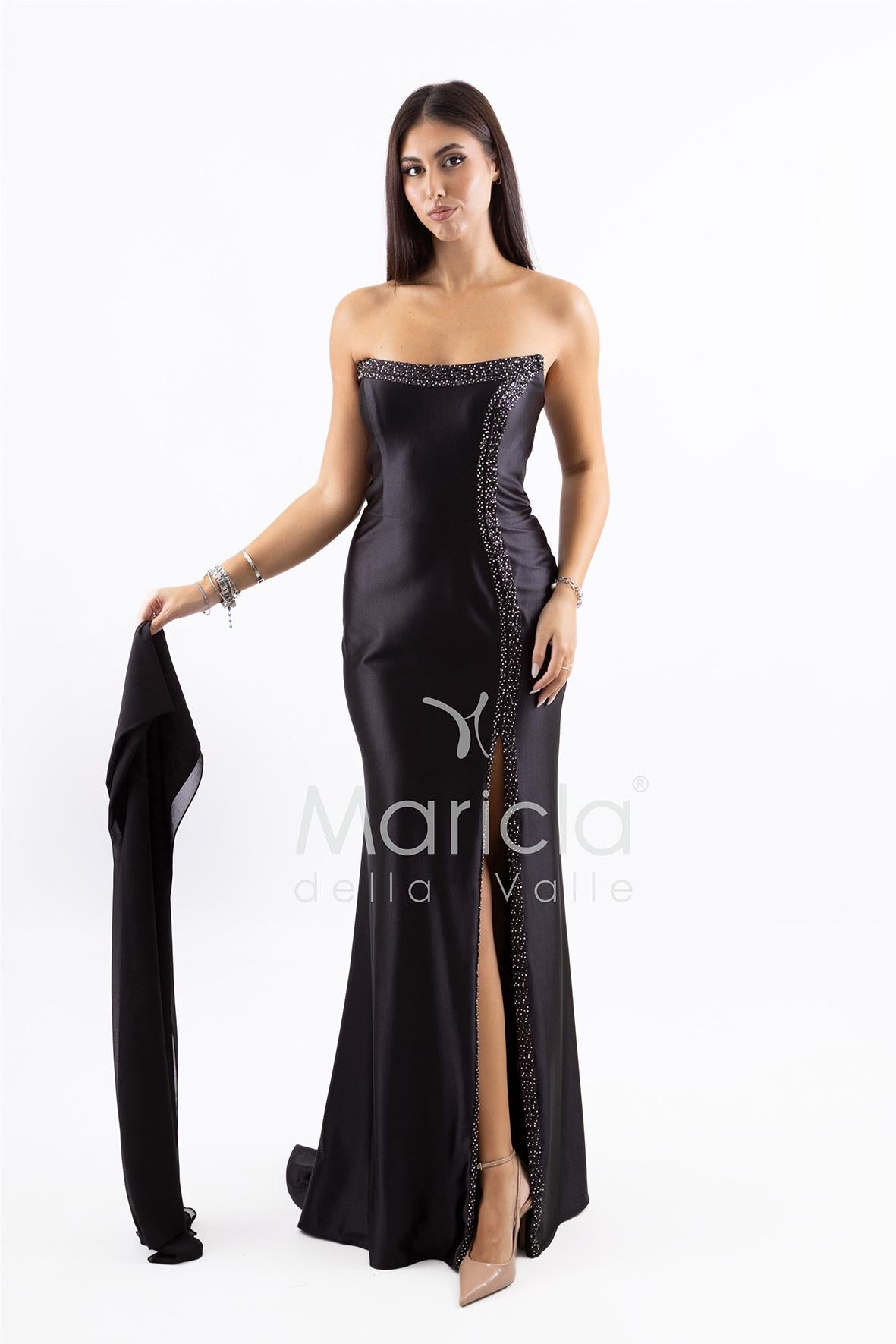 Abito a sirena lungo con spacco e strass LC35370 NERO MARICLA ELEGANCE 