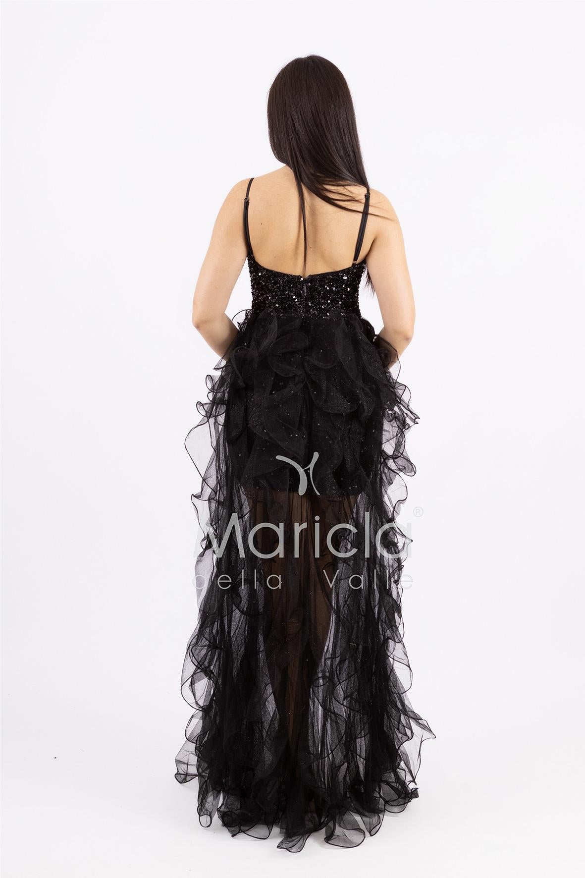 Abito midi in paillettes con strascico in tulle SS24228 NERO MARICLA ELEGANCE 