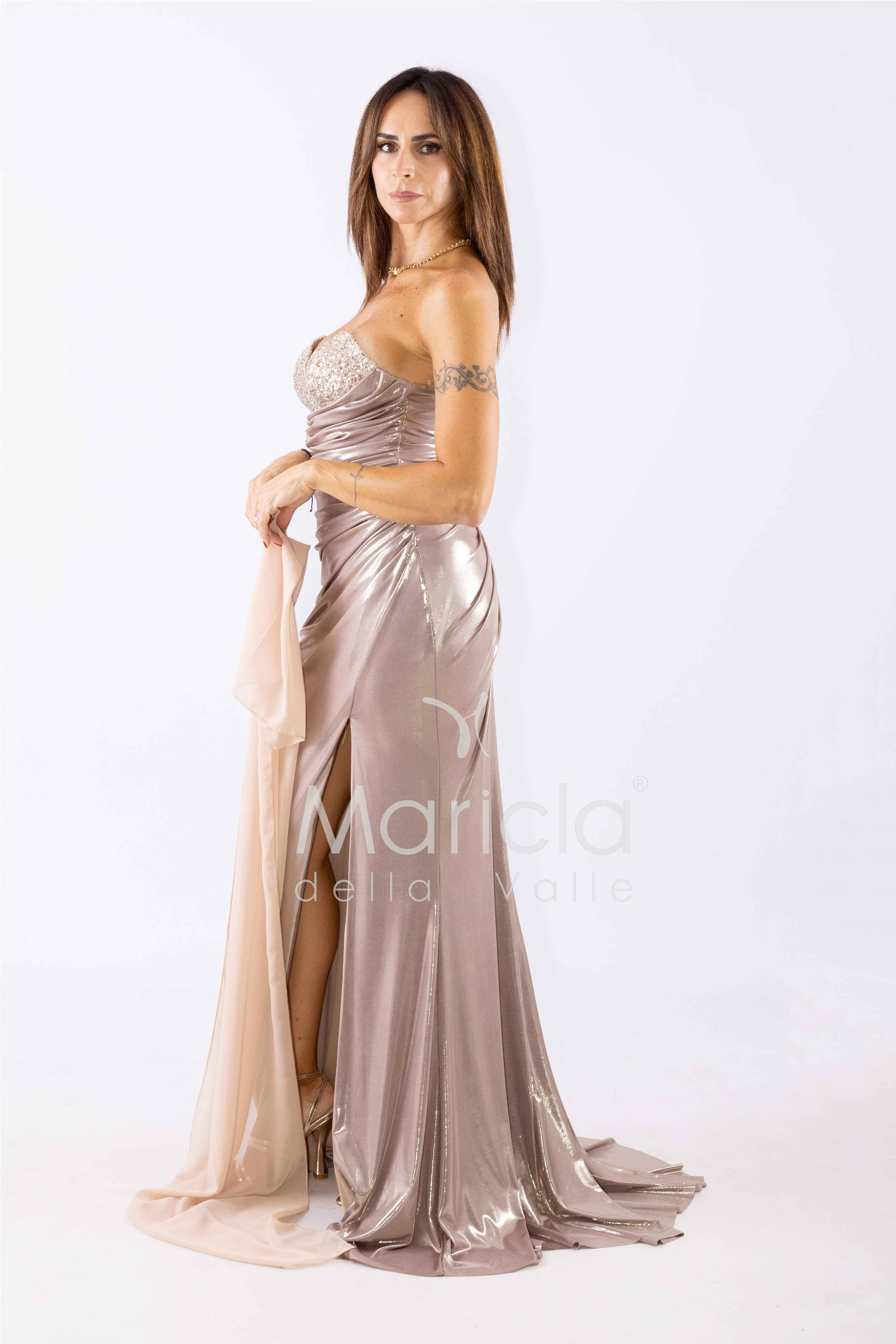 abito lungo bagnato drappeggio DEG55516 CHAMPAGNE MARICLA ELEGANCE 