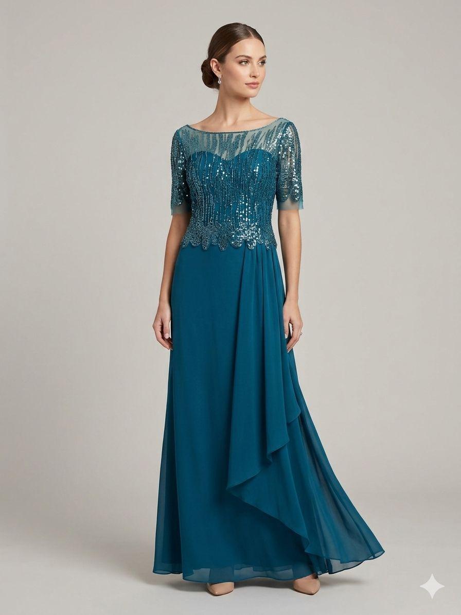 Abito lungo con maniche in paillettes KMK590 PETROLIO MARICLA ELEGANCE 