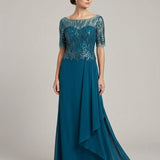 Abito lungo con maniche in paillettes KMK590 PETROLIO MARICLA ELEGANCE 