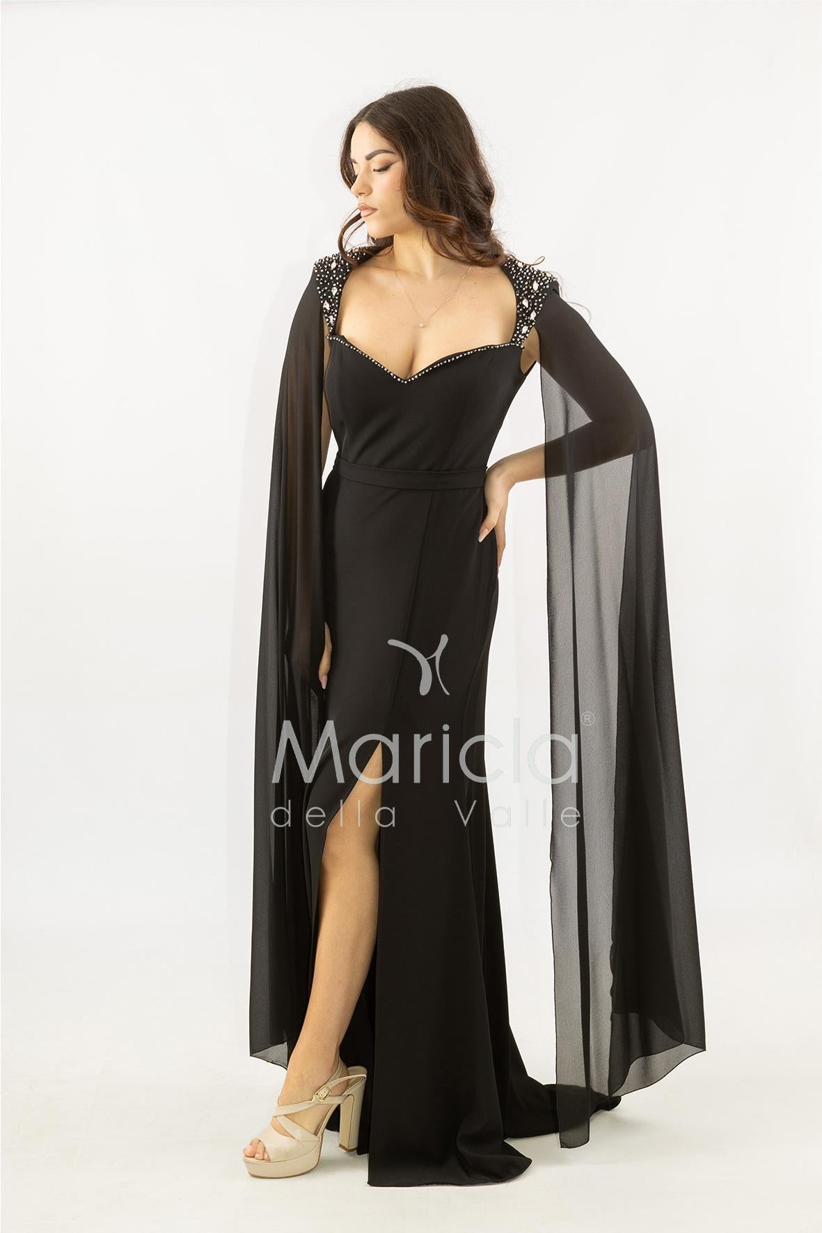 abito lungo scollato con spalline strass SH819AL NERO SHARON 