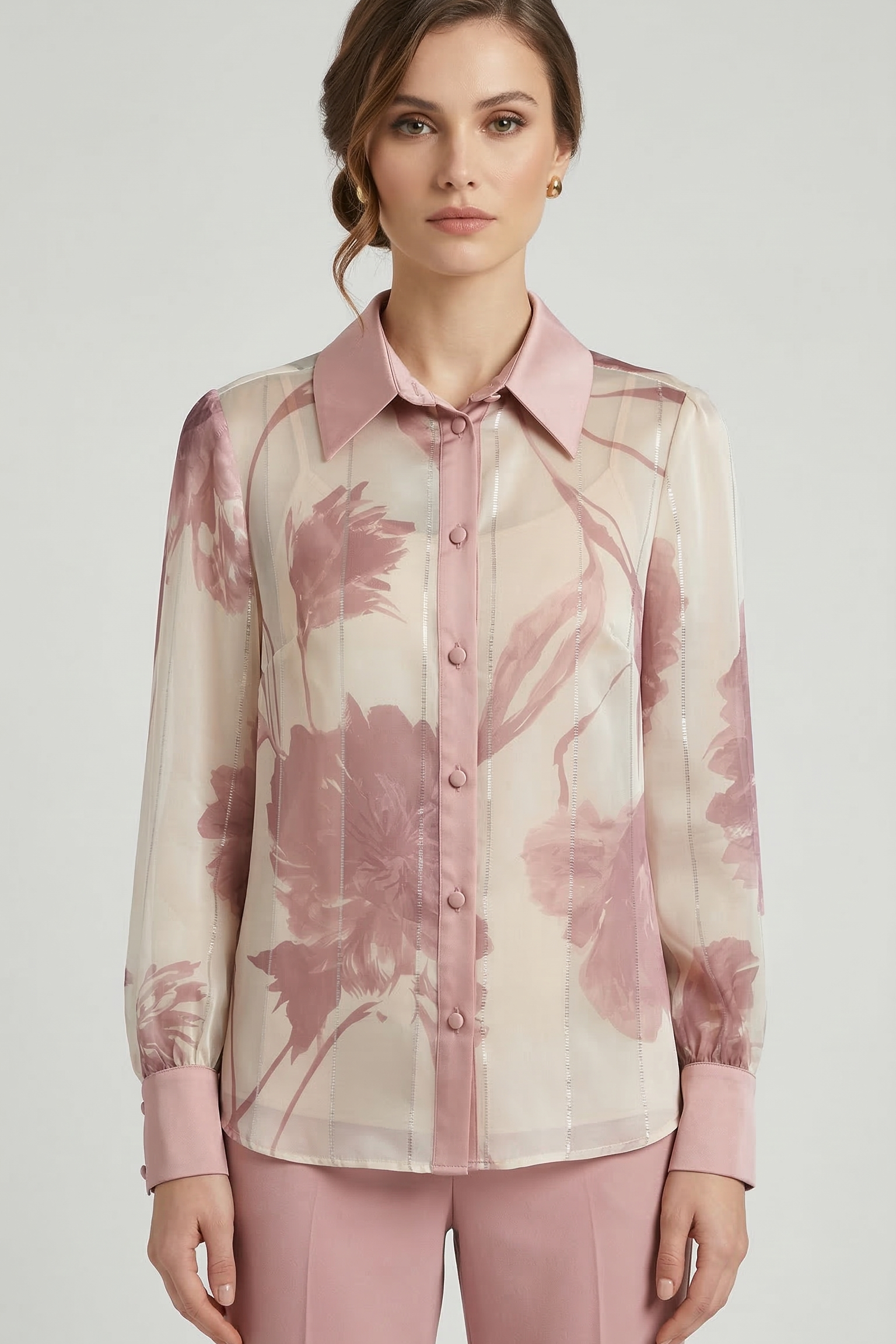 Camicia in Chiffon Semitrasparente - Motivo Floreale Artistico LIB26282 ROSA MARICLA 