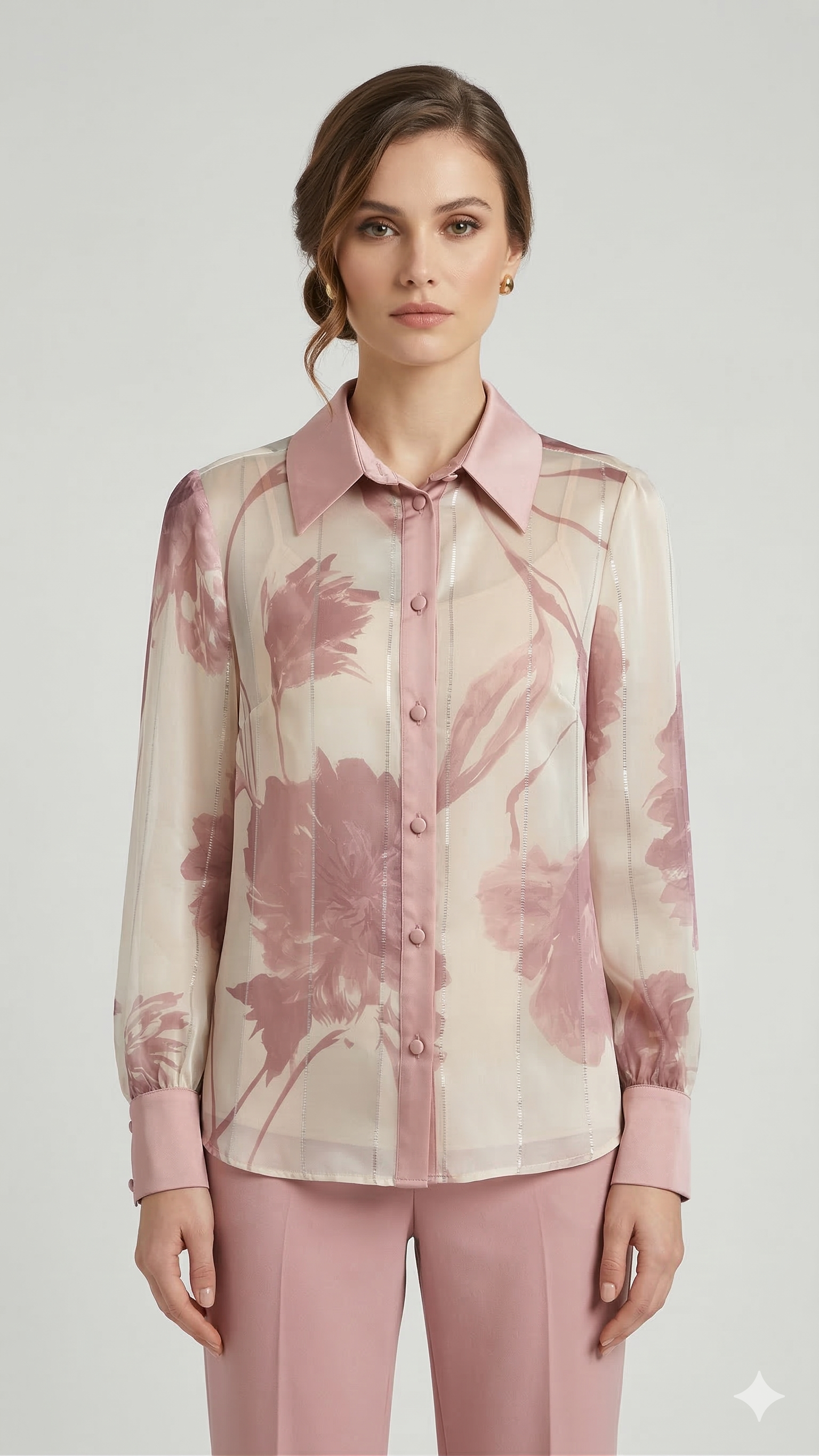 Camicia in Chiffon Semitrasparente - Motivo Floreale Artistico LIB26282 ROSA MARICLA 