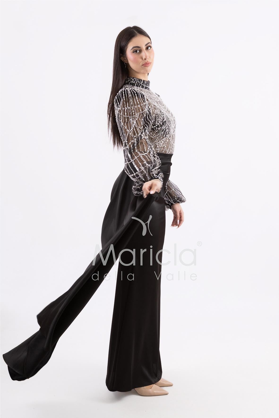 Abito sirena con corpetto ricamato e drappeggio al lato FP512352 NERO MARICLA ELEGANCE 