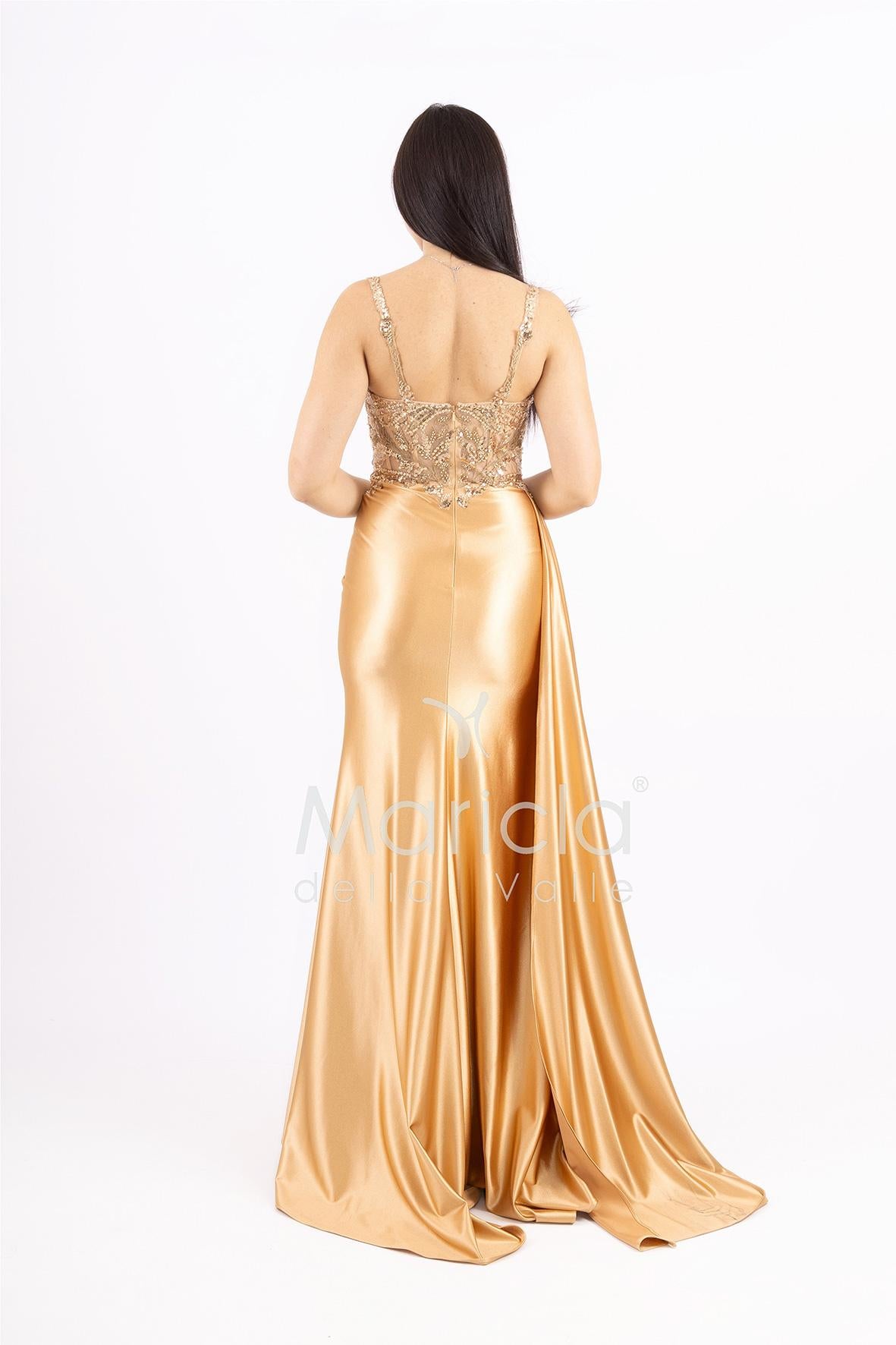 Abito lungo con pizzo ricami e perline FP826007 ORO MARICLA ELEGANCE 