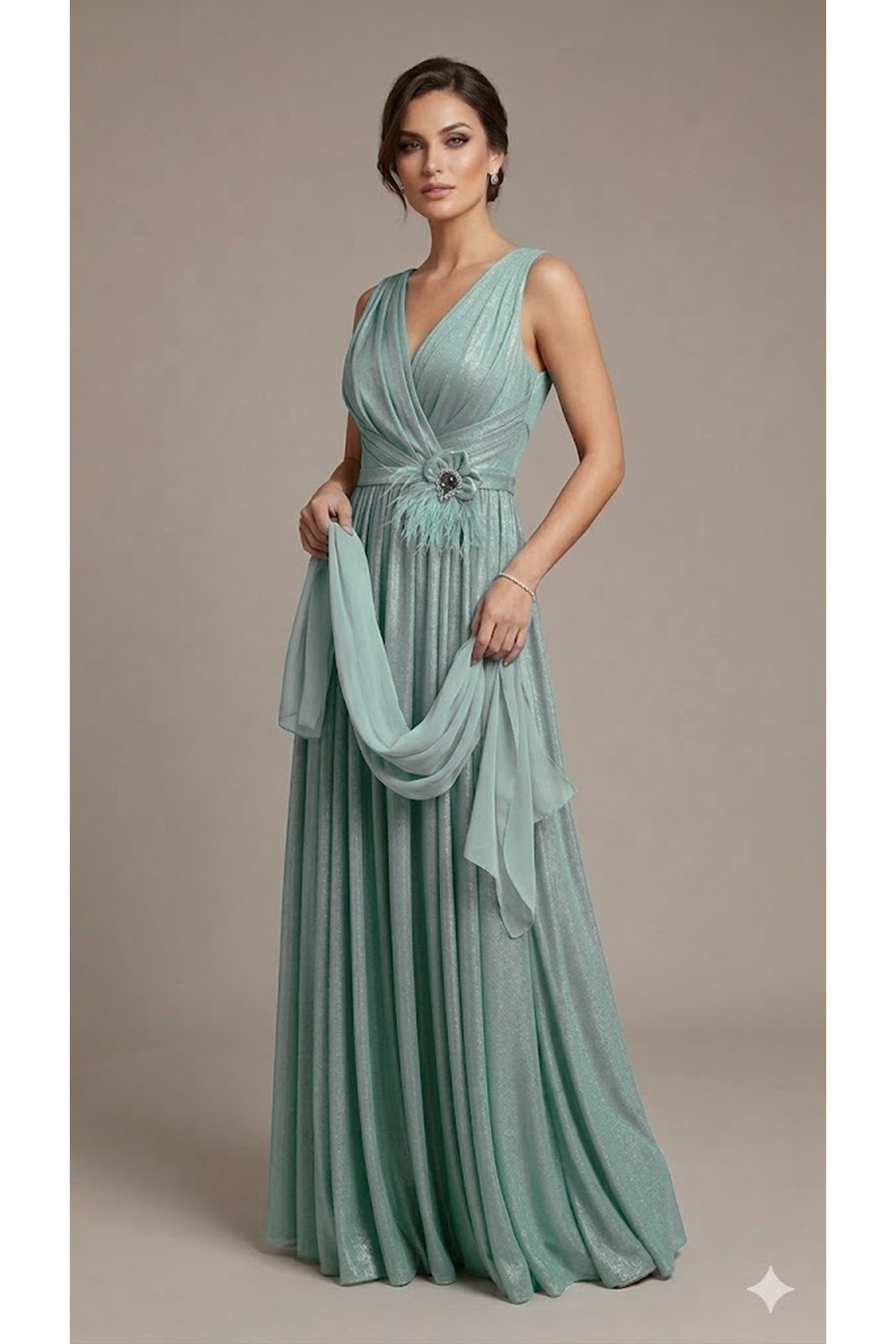 Abito lungo glitter con fiore KMK715 MENTA MARICLA ELEGANCE 