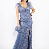 lungo ricamato con piume maniche INV2357 INDACO MARICLA ELEGANCE 