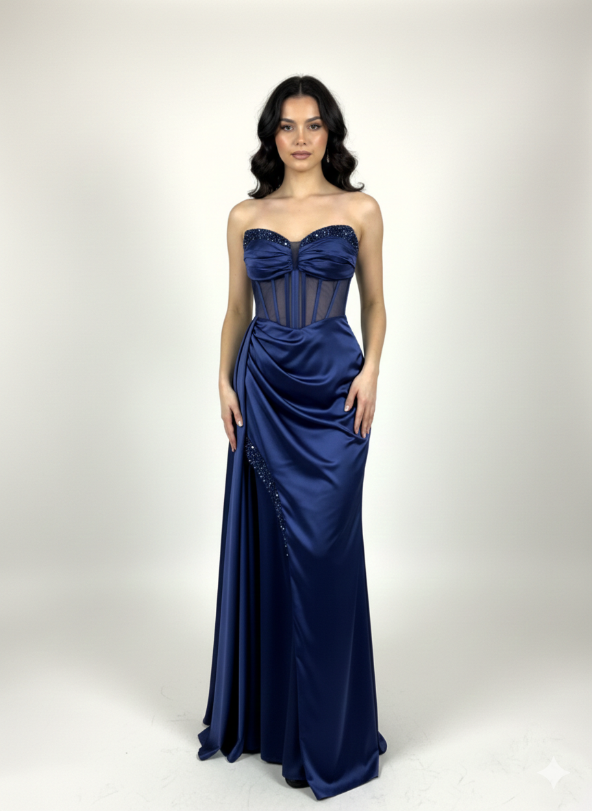 abito steccato con trasparenza e spacco HC5117 BLU MARICLA ELEGANCE 