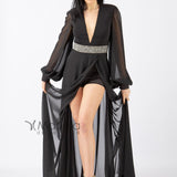 Abito lungo con spacco e fascia glitter MVV42361 NERO MARIA VITTORIA VINCI 
