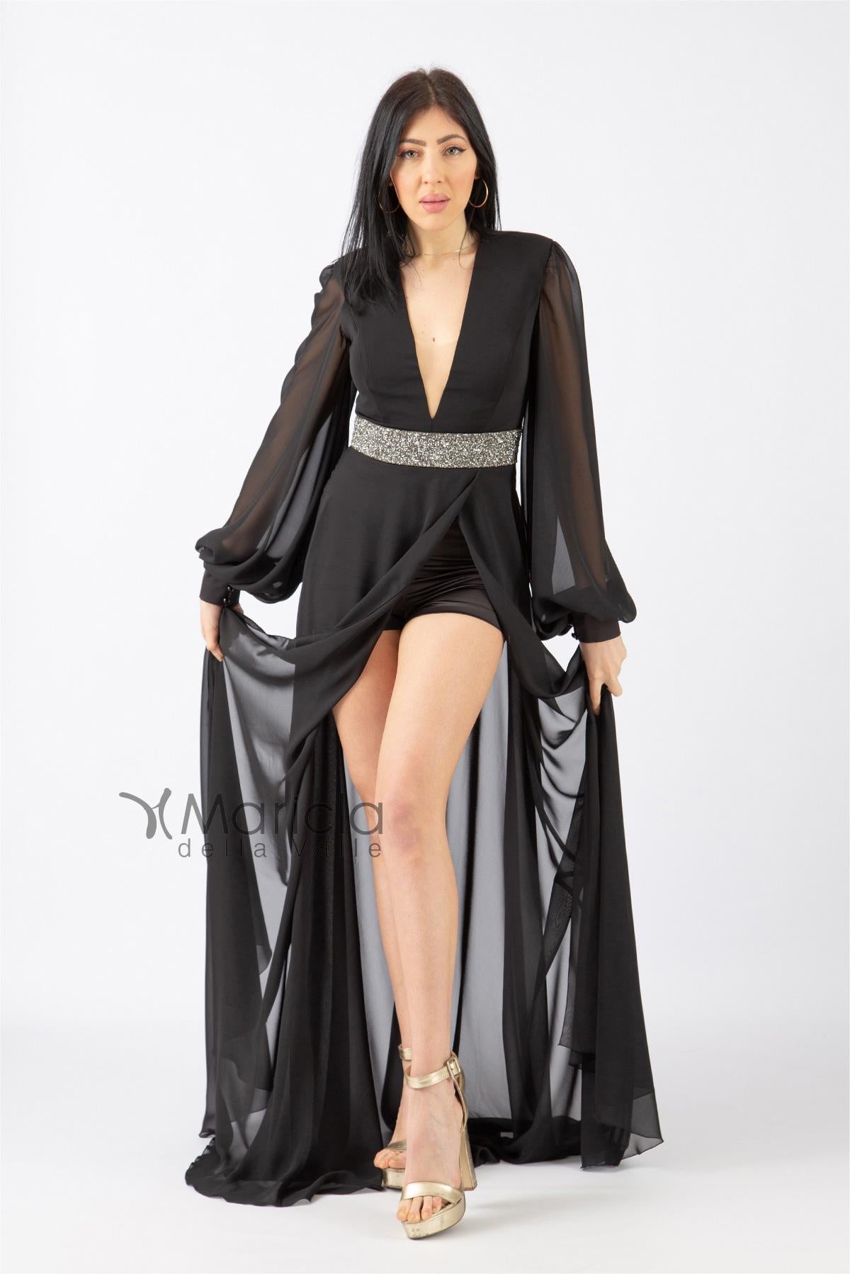 Abito lungo con spacco e fascia glitter MVV42361 NERO MARIA VITTORIA VINCI 