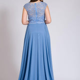 Abito lungo con corpetto ricamato in macramè. ANT1752AT INDACO ANTILLE ELEGANCE 