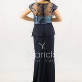 abito lungo con baschina ricamata SH839AL BLU SHARON 