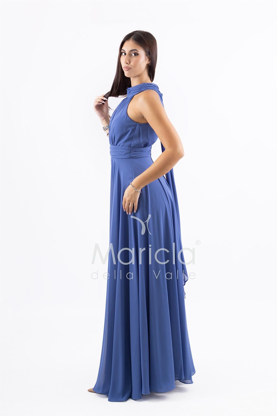 Abito lungo in chiffon con scollo americano FI7518 INDACO MARICLA ELEGANCE 