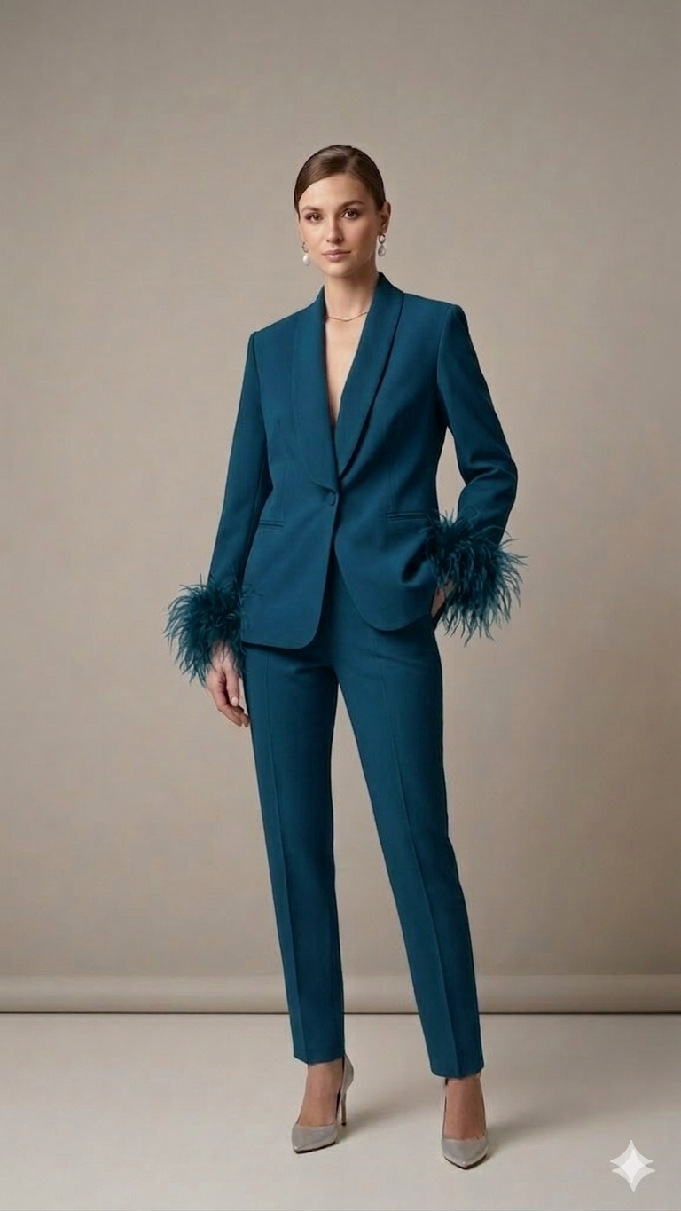 tailleur smoking con piume AD09326 PETROLIO MARICLA 