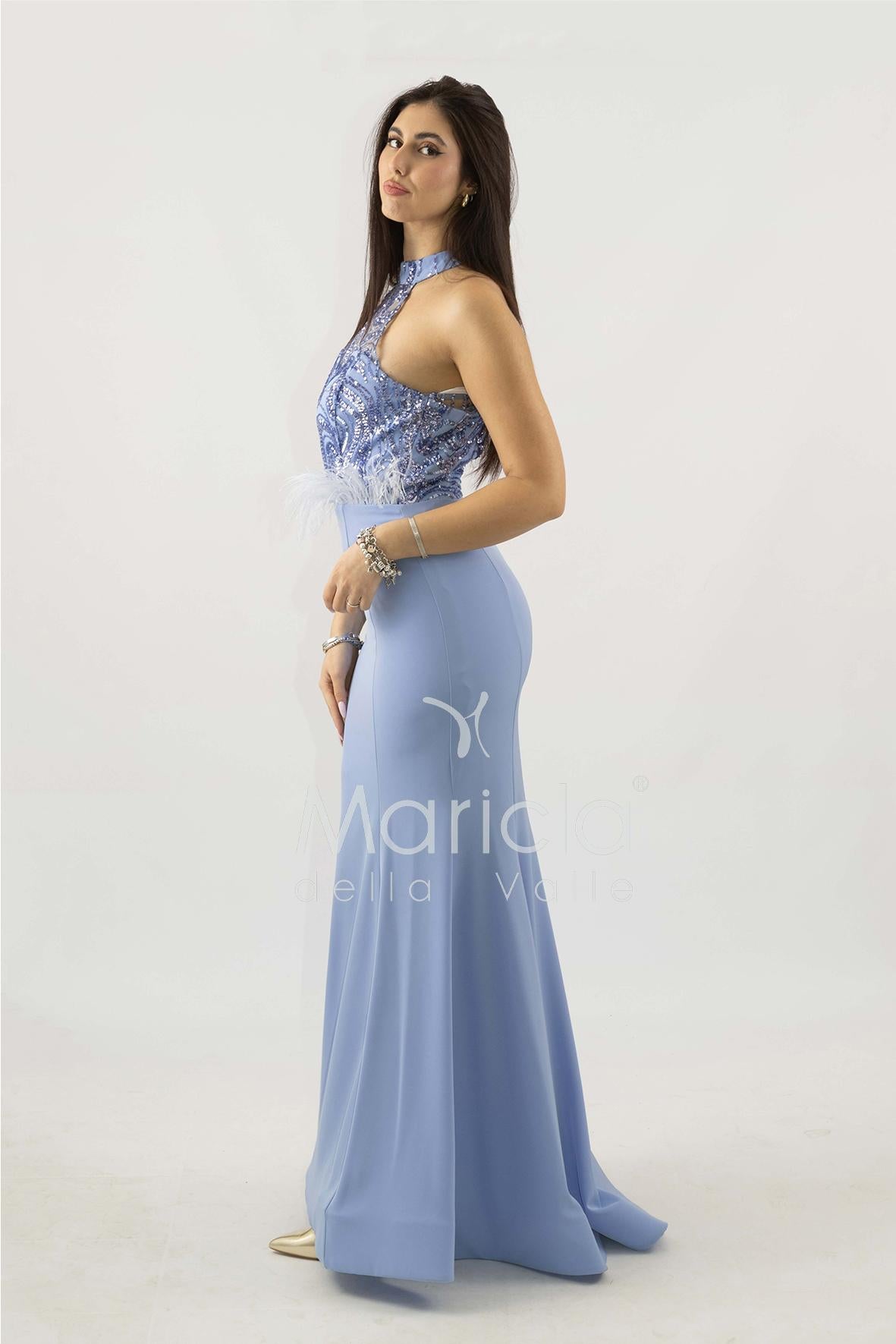 abito lungo con corpetto in strass e piume SH842AL PERVINCA SHARON 
