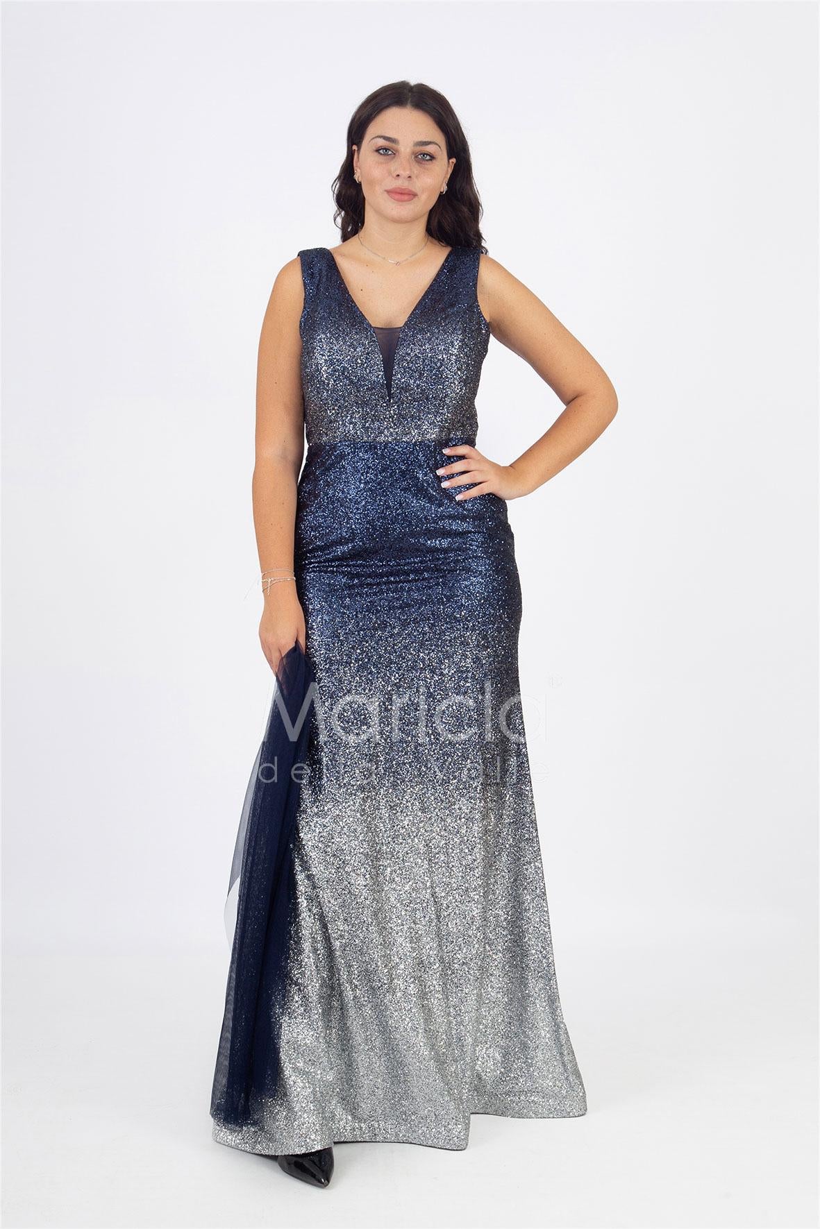 abito lungo pioggia di strass SE8390 BLU MARICLA ELEGANCE 