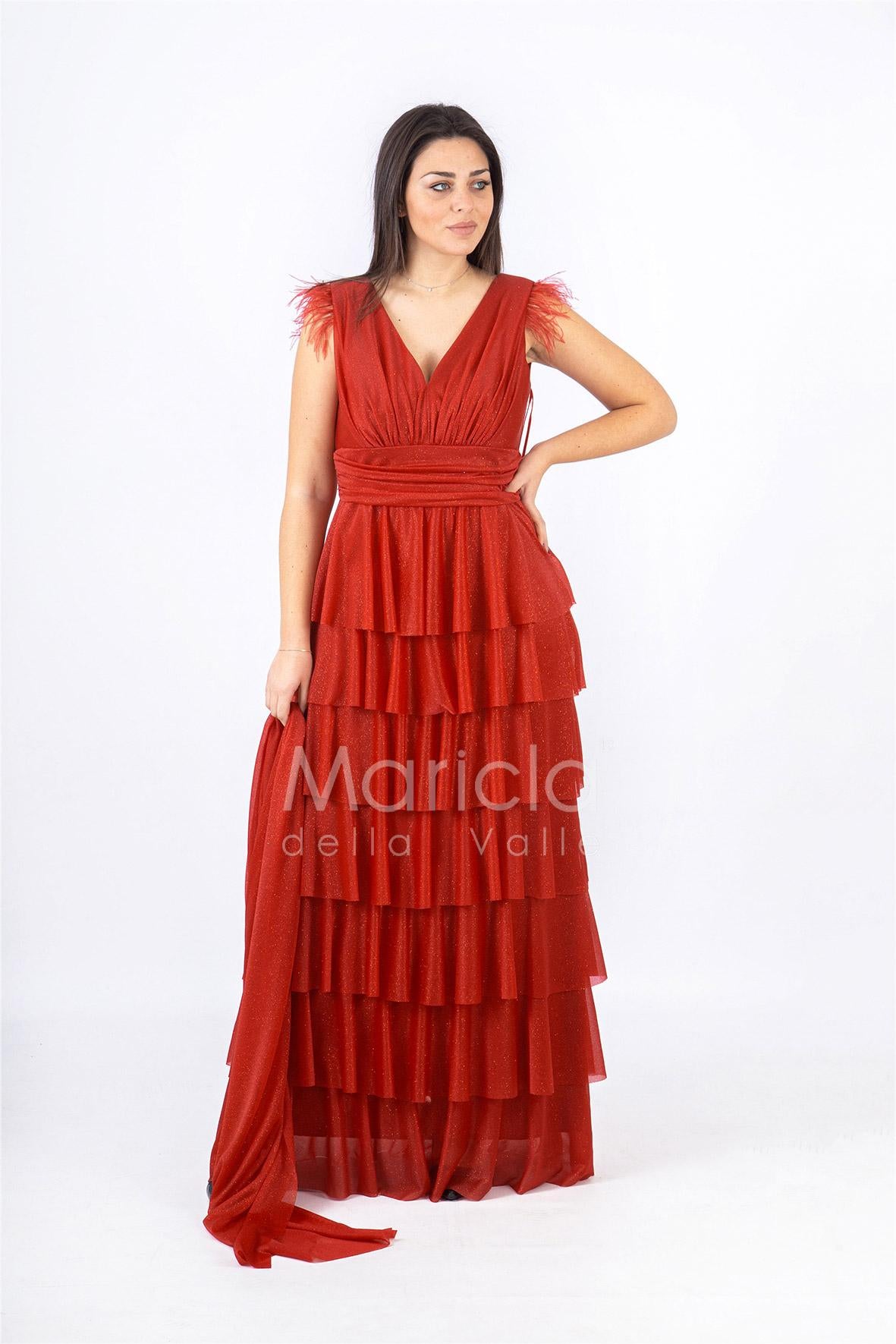 abito lungo balze piume JC28831M ROSSO MARICLA ELEGANCE 