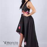 Abito lungo con cintura a fiori e interno floreale. BB27545 NERO MARICLA ELEGANCE 
