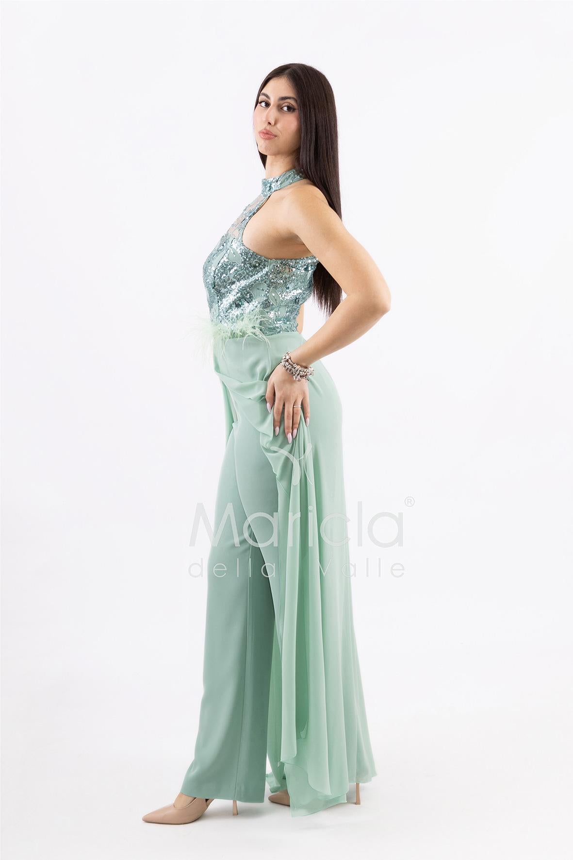 Tuta con piume e ricami SH909TU MENTA SHARON 