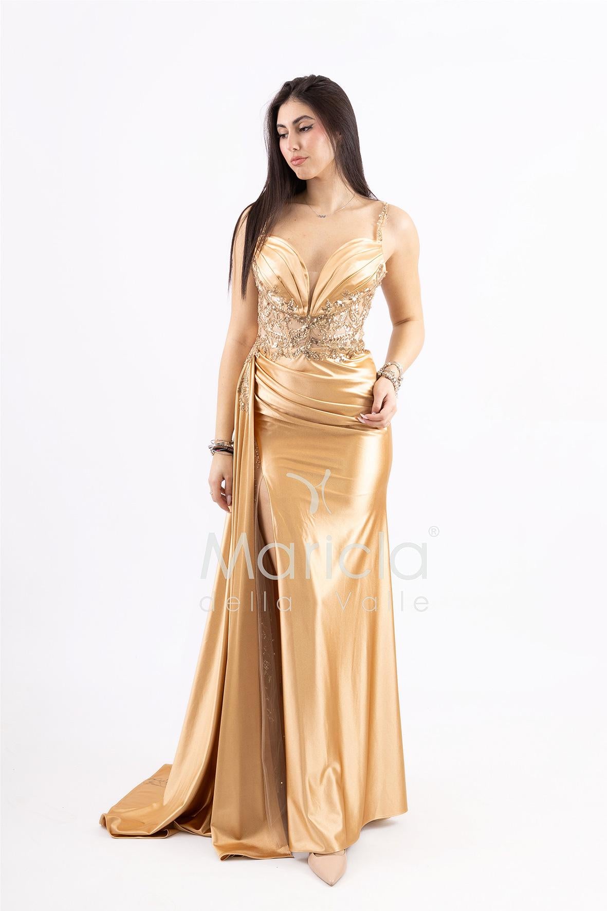 Abito lungo con pizzo ricami e perline FP826007 ORO MARICLA ELEGANCE 