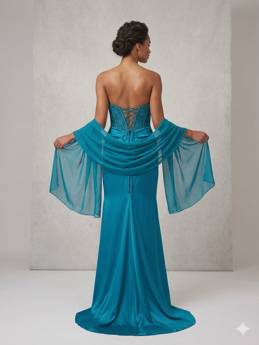 abito lungo con corpetto macramè CAR58595 PETROLIO MARICLA ELEGANCE 