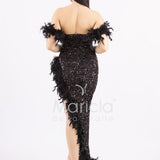 abito lungo scollo omerale spacco e piume SS23100 NERO MARICLA ELEGANCE 