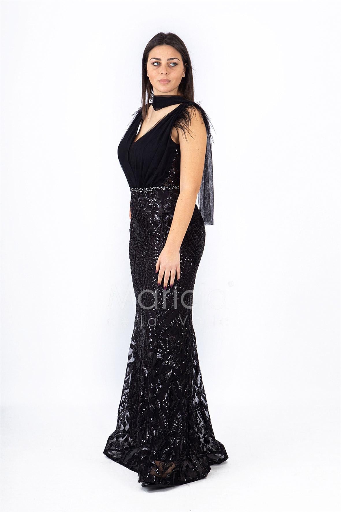 abito lungo paiette e piume RG103RF NERO GIGLI CERIMONIA 