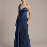 Abito monospalla con fiori KMK562 BLU MARICLA ELEGANCE 