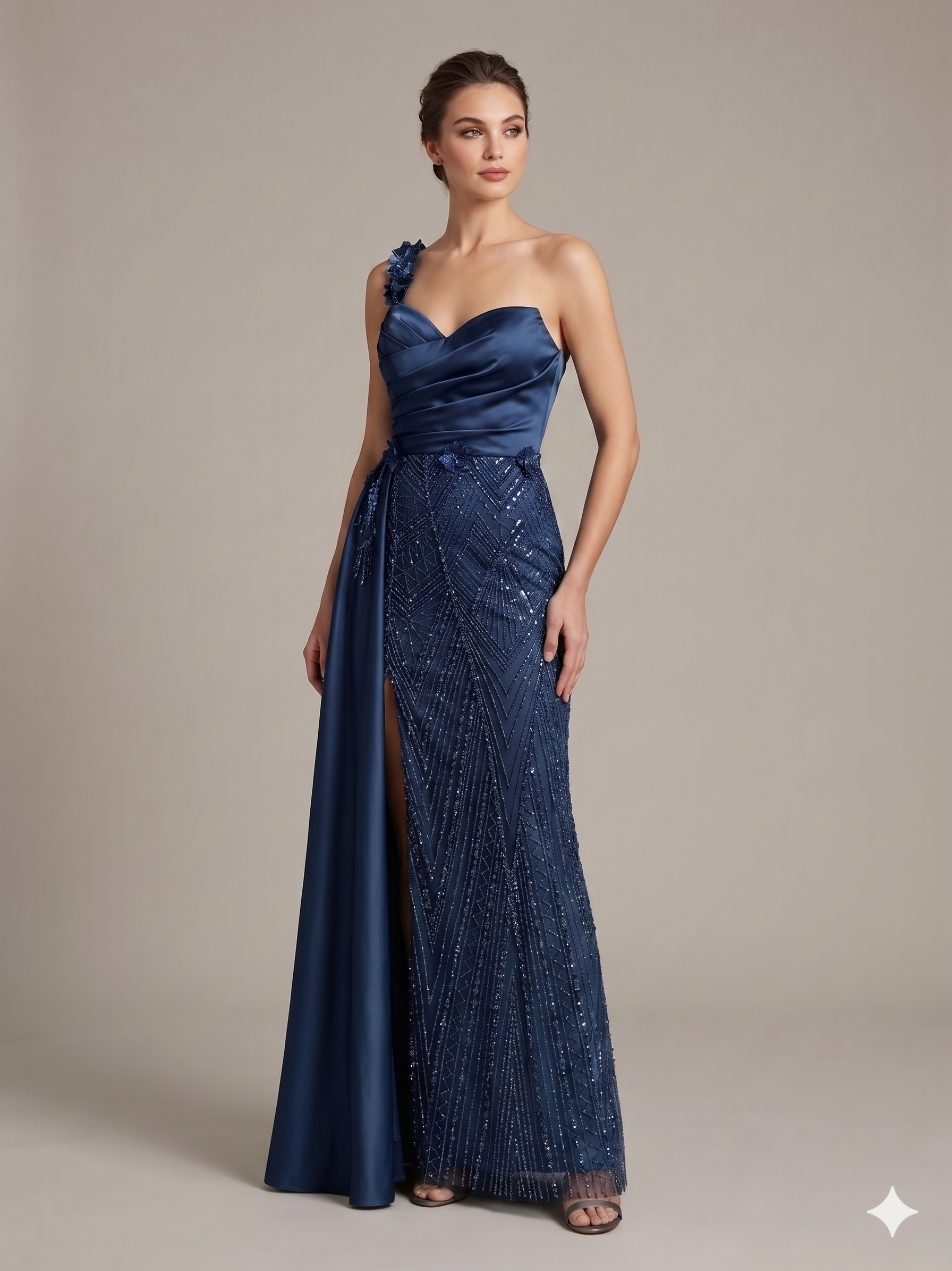 Abito monospalla con fiori KMK562 BLU MARICLA ELEGANCE 