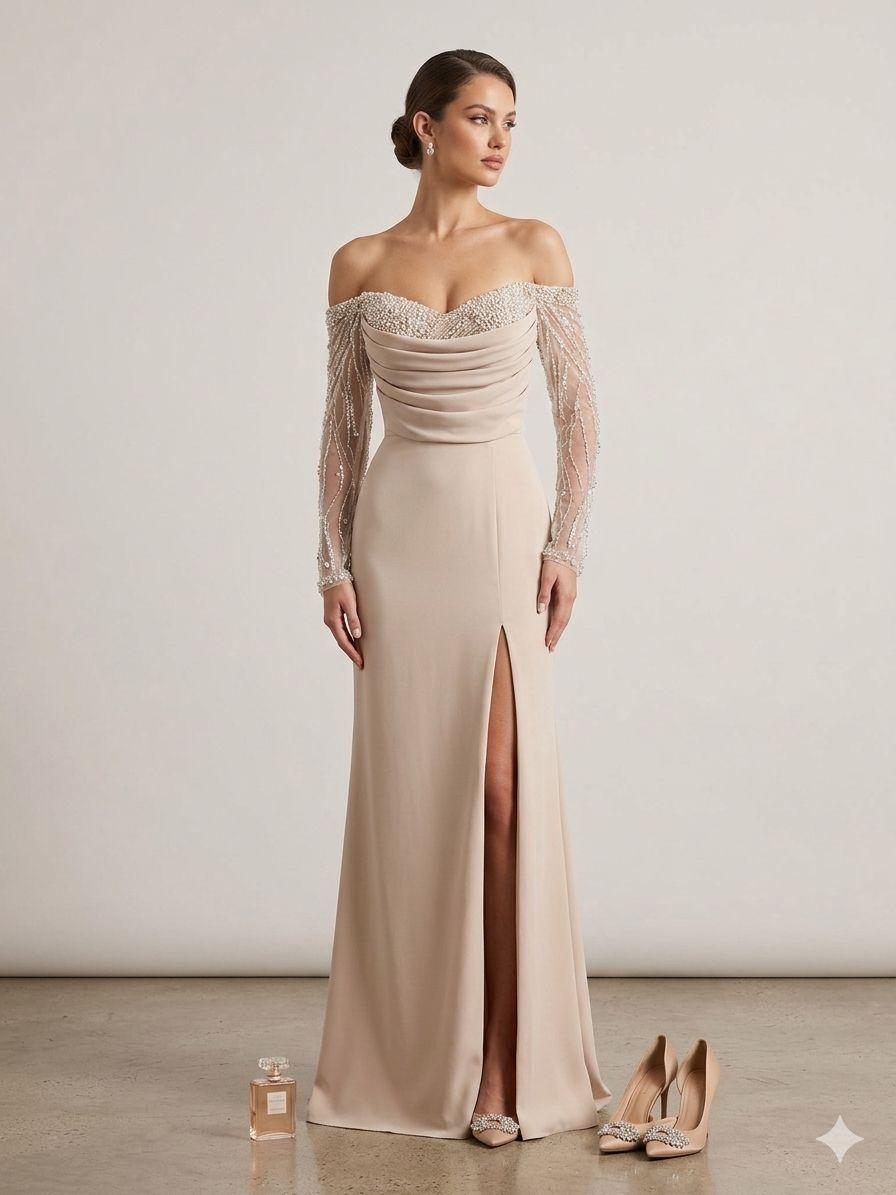 abito con manica velo strass KMK759 CHAMPAGNE MARICLA ELEGANCE 