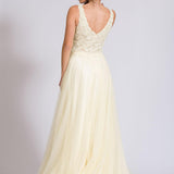 Abito lungo con corpetto di pizzo.<BR/> ANT7043 GIALLO ANTILLE ELEGANCE 