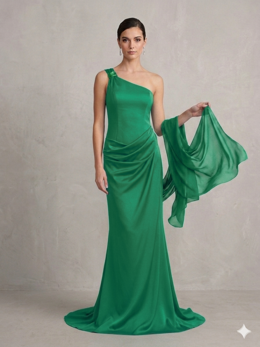 abito lungo monospalla gioiello CAR58608 VERDE MARICLA ELEGANCE 