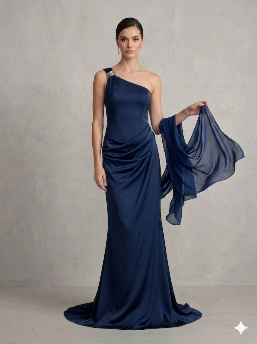 abito lungo monospalla gioiello CAR58608 BLU MARICLA ELEGANCE 