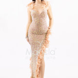 abito lungo spacco e piume SS23100 ORO MARICLA ELEGANCE 