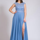 Abito lungo con corpetto ricamato in macramè. ANT1752AT INDACO ANTILLE ELEGANCE 