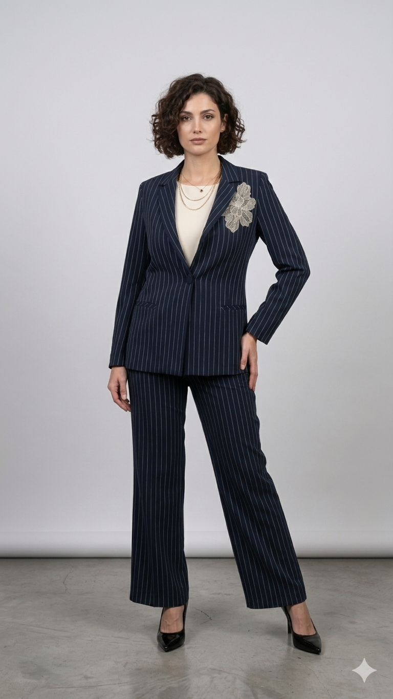 Tailleur Gessato con Dettaglio Floreale ADELINA BLU MARICLA 