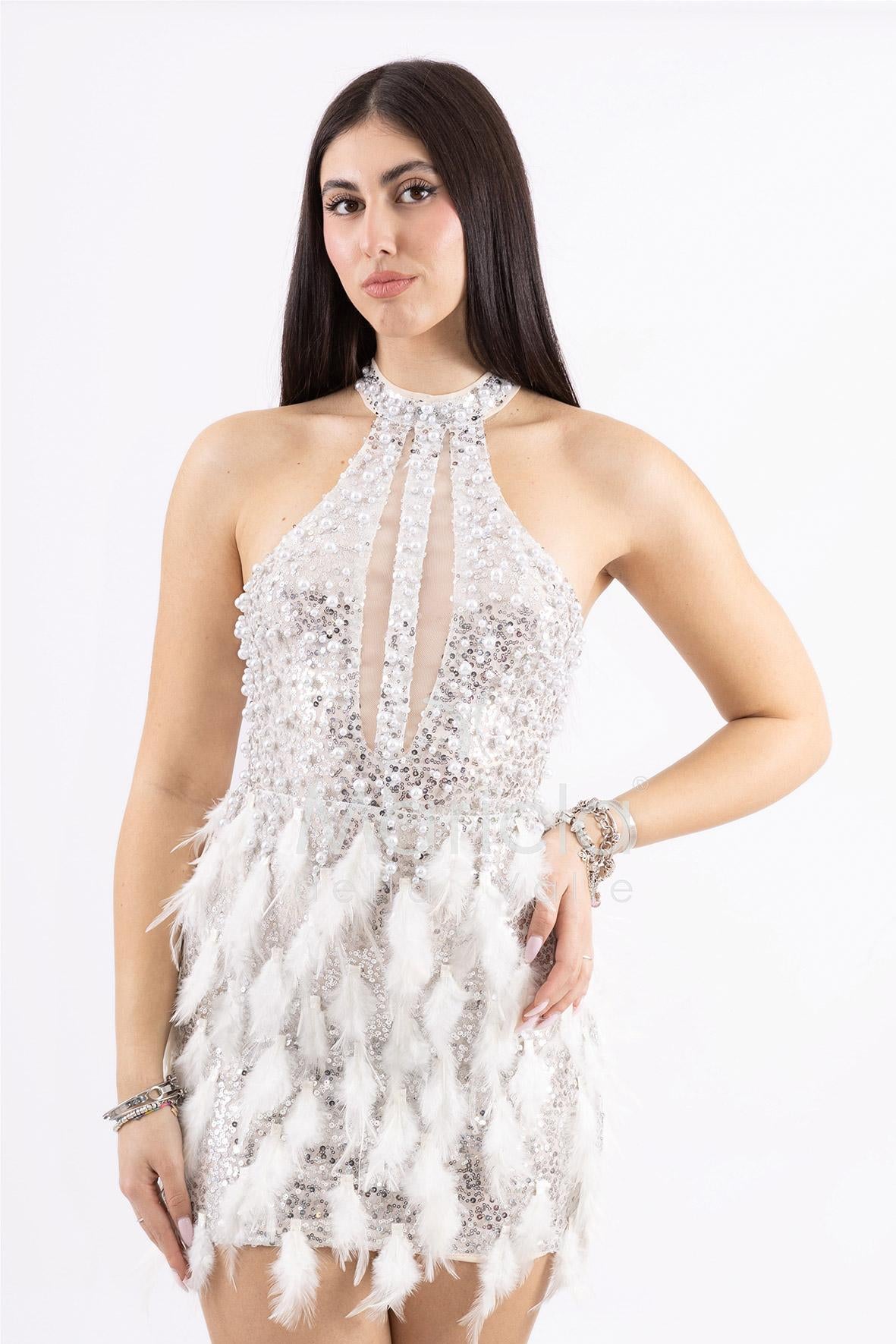 Abito corto con Paillettes e Dettagli in Piume FP613327 CHAMPAGNE MARICLA ELEGANCE 