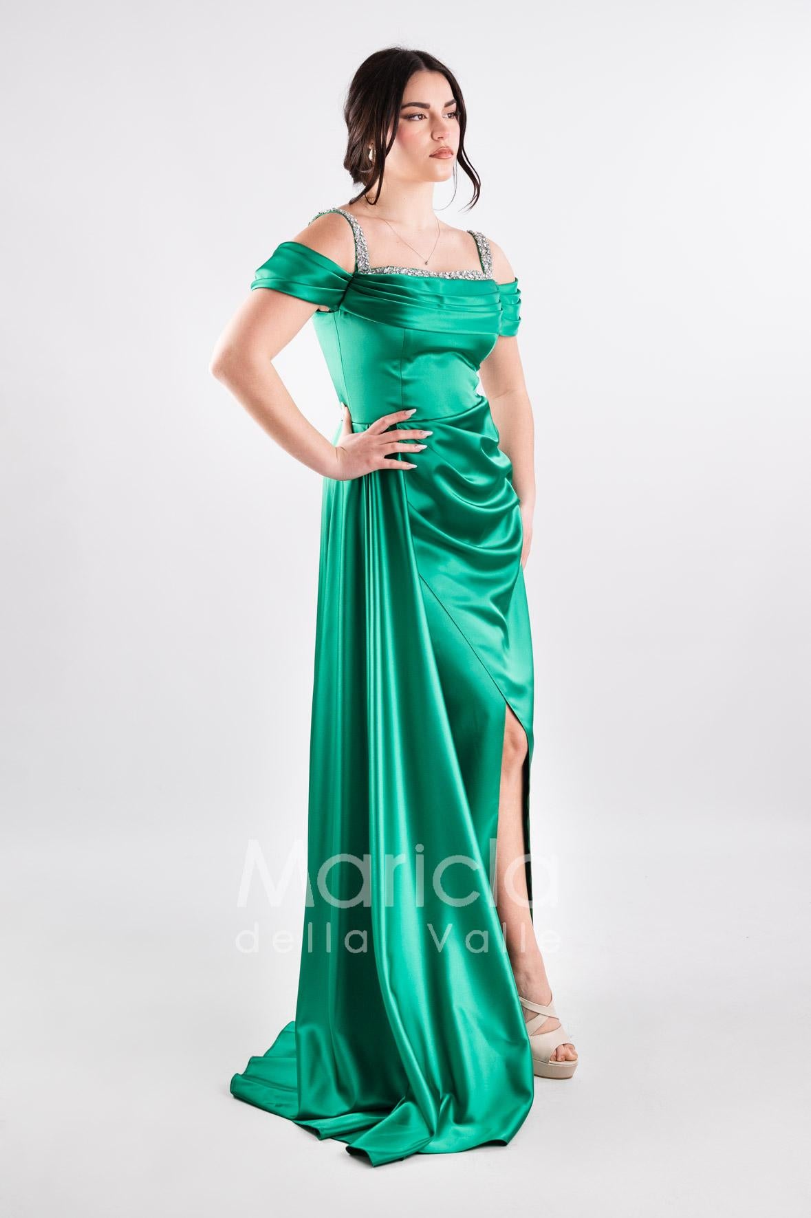 abito scollo pietre con fusciacca JC35121 VERDE MARICLA ELEGANCE 