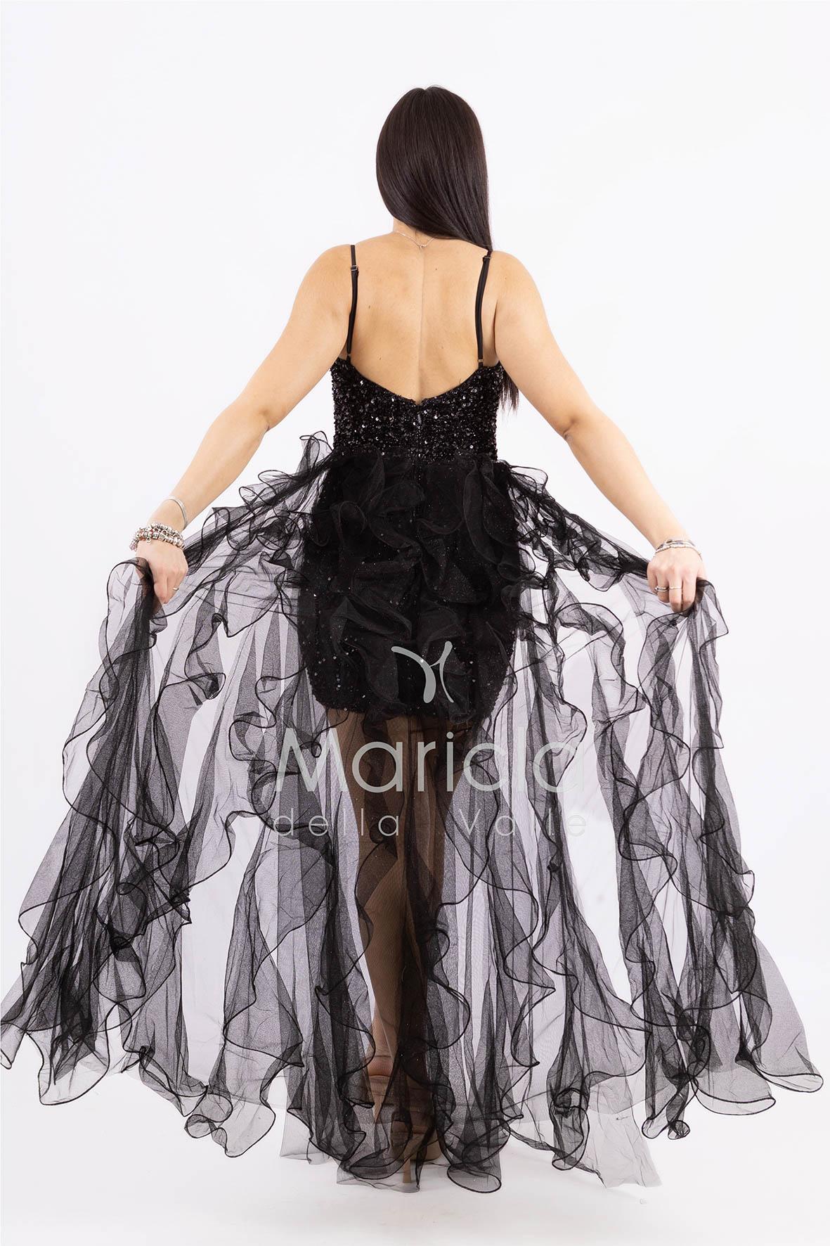 Abito midi in paillettes con strascico in tulle SS24228 NERO MARICLA ELEGANCE 