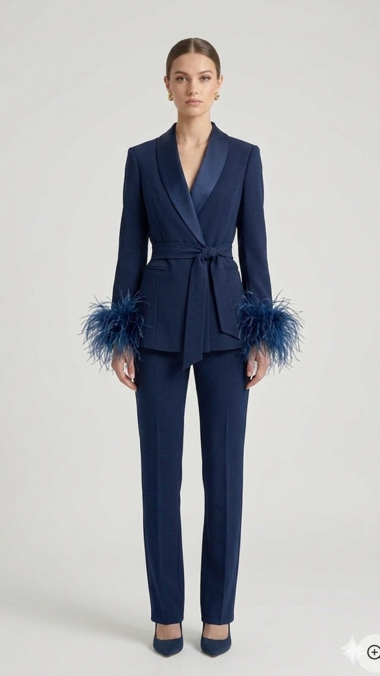 tailleur con cintura e piume EC04610 BLU MARICLA 