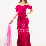 abito lungo in crepe saten con rouche ANT80018 FUXIA ANTILLE ELEGANCE 